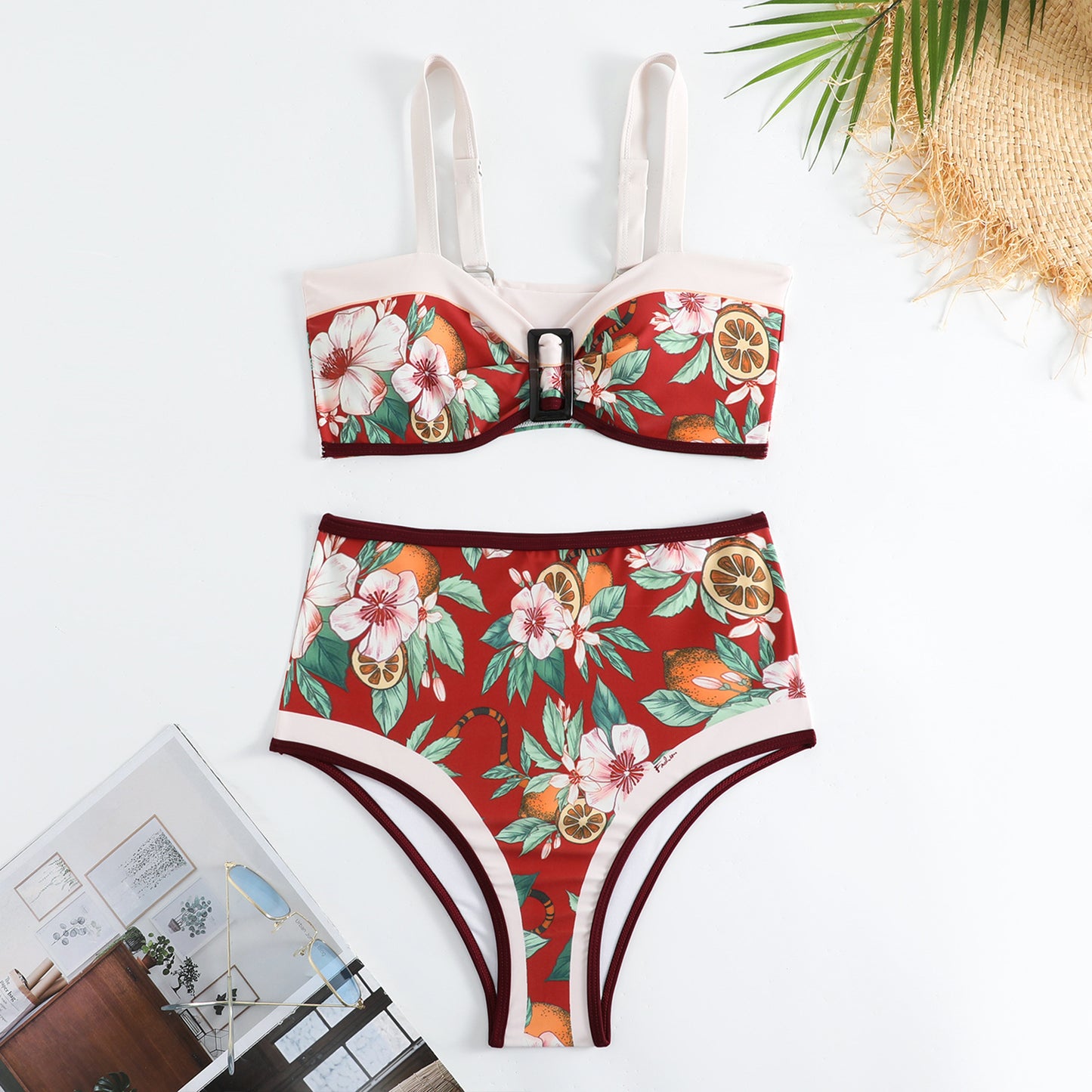 Floral high-waist bikini set with a rust-res base and bold tropical print