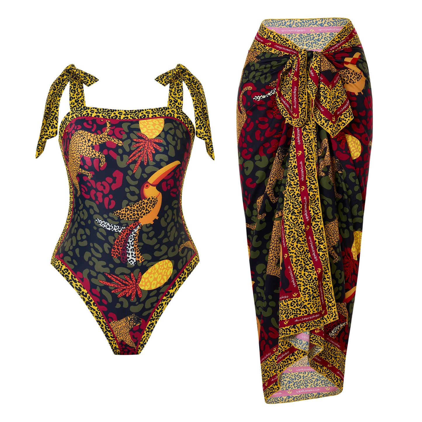 Black and golden swimsuit with a snake print design,paired with a matching wrap-around sarong skirt.