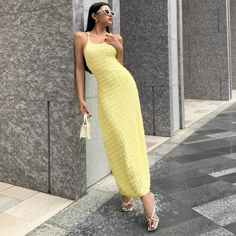 Yellow Puffed Spaghetti Shoulder Dress