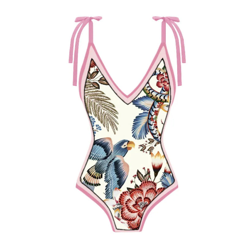 Flower Print Monokini with Beach Skirt Pink