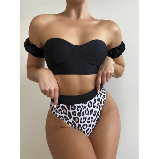 Black Bra & Leopard Panties Bikini Swimsuit Set