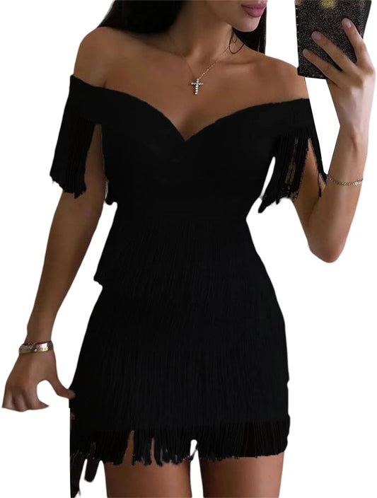 Black Fringes Evening Short Dress