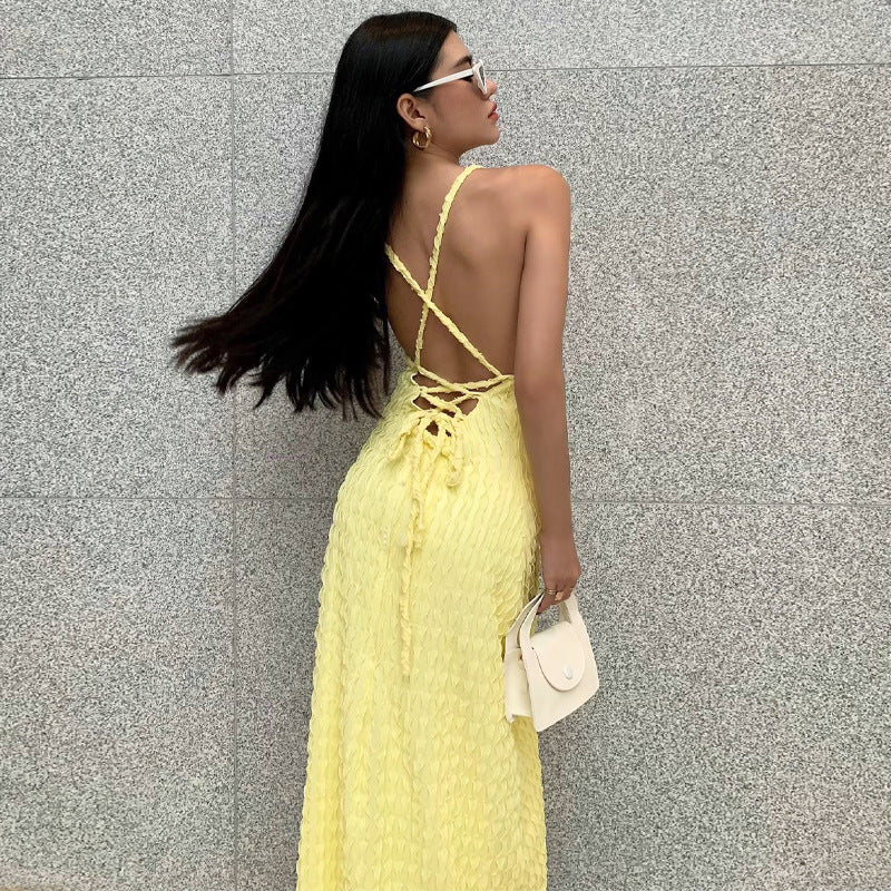 Yellow Puffed Spaghetti Shoulder Dress