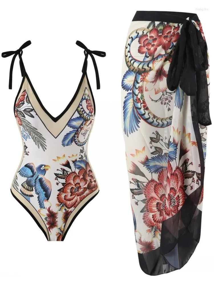 Flower Print Monokini with Beach Skirt