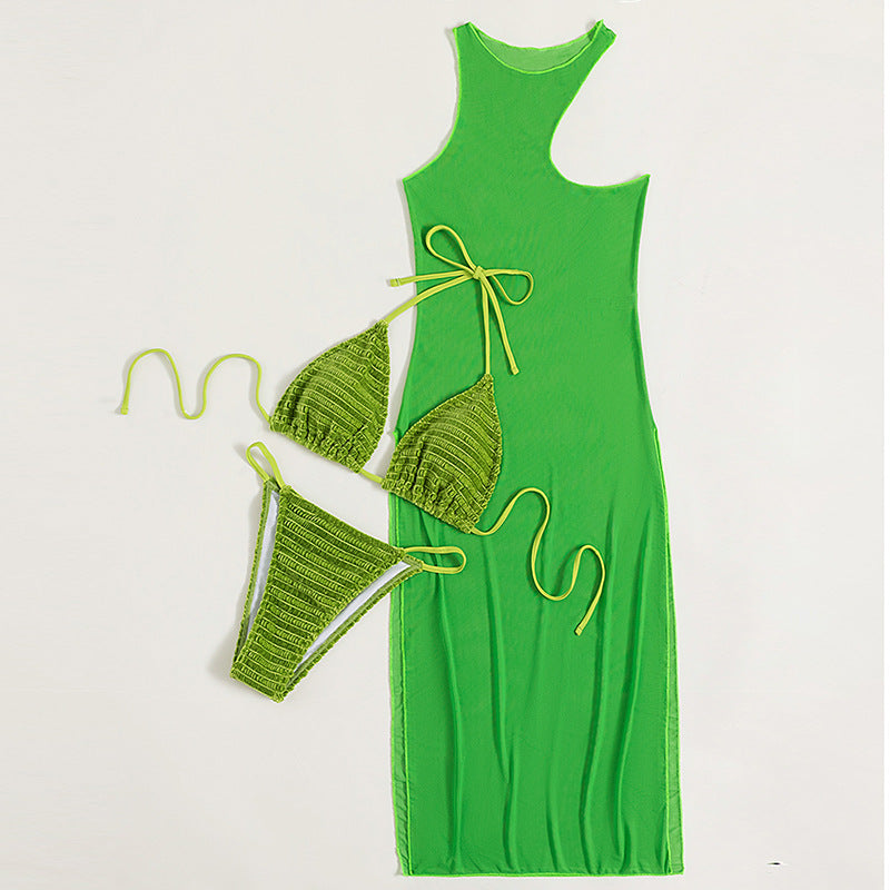 Green Cover Up Three Piece Bikini Set