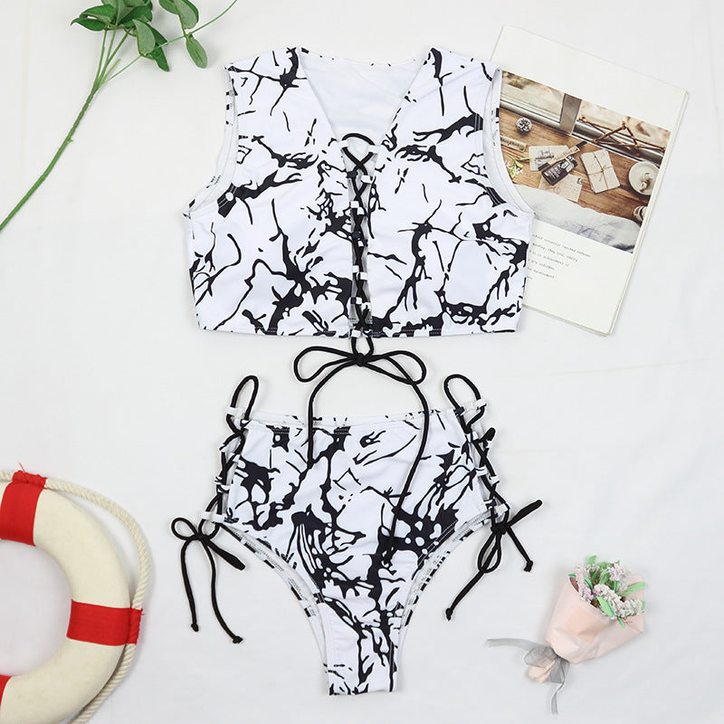 Strappy Swimwear Bikini Set Marble Print