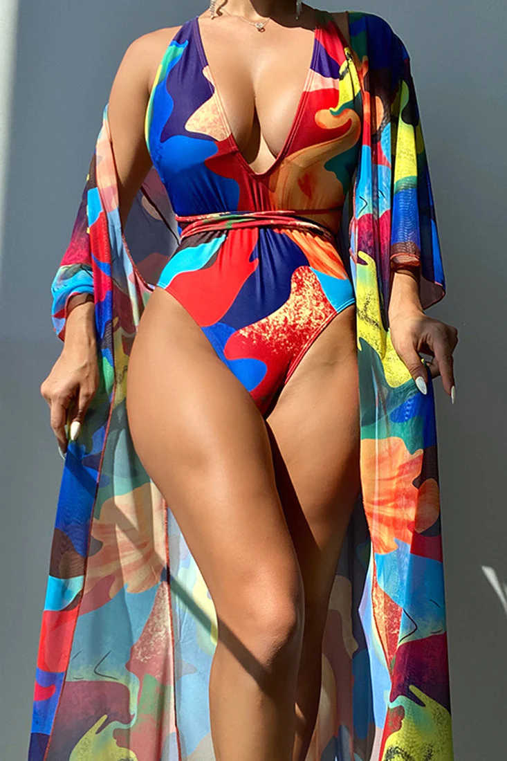 Colorful Print Cover Up Three Piece Set Bikini