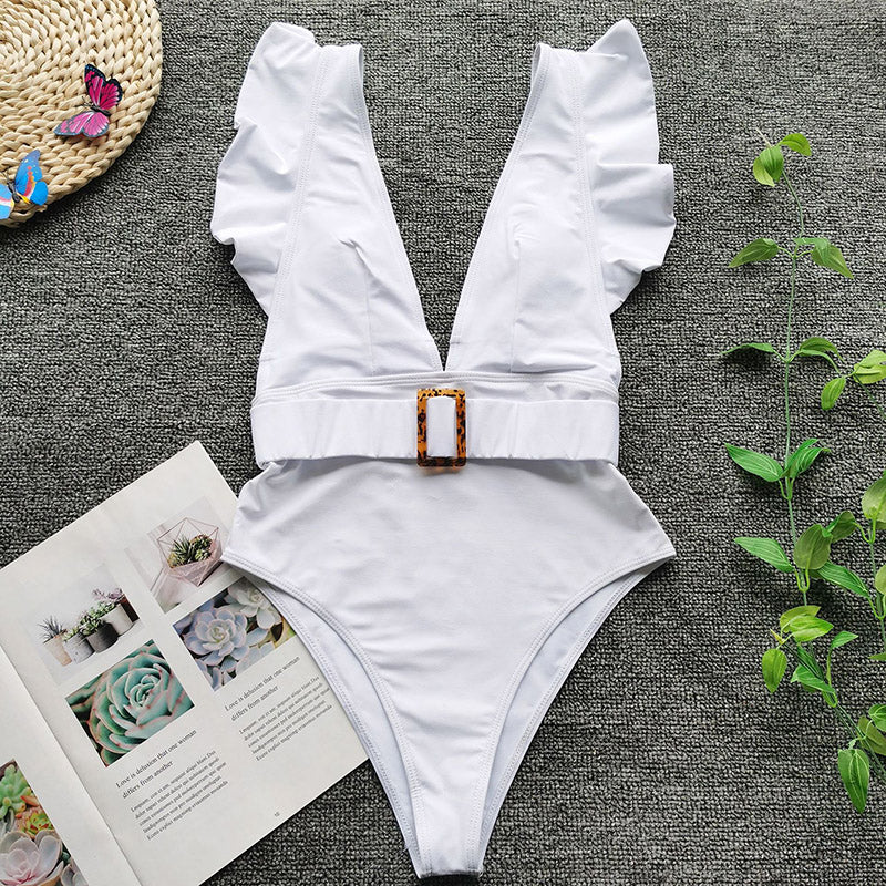 Luxe Deep V Neck Ruffle White Backless Monokini