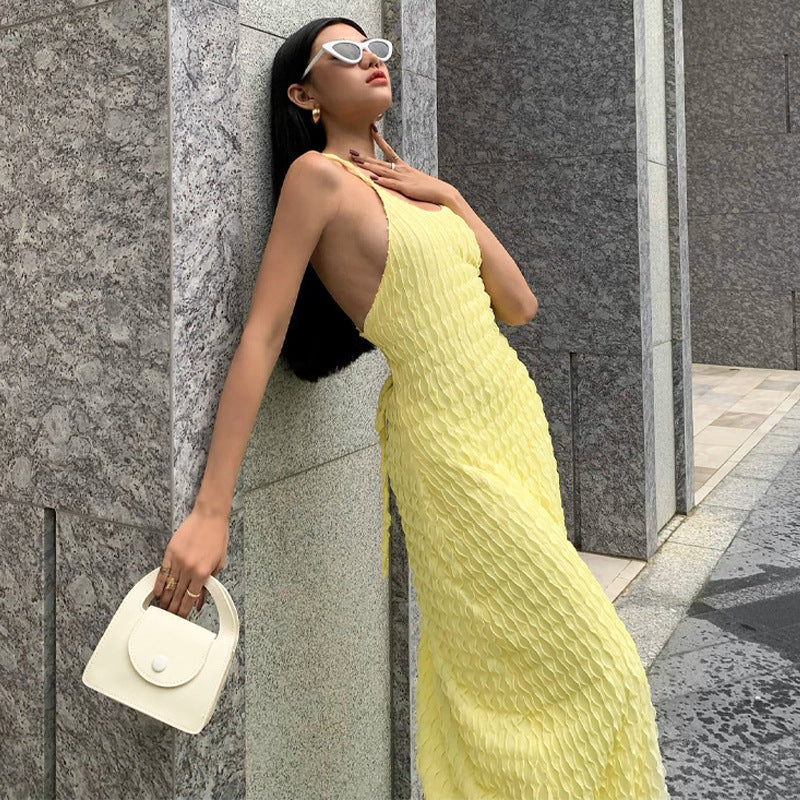 Yellow Puffed Spaghetti Shoulder Dress