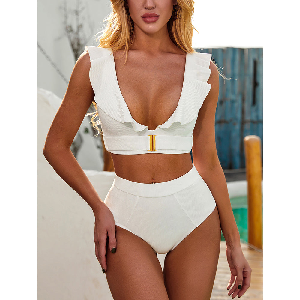 White Ruffled Bikini Set Deep V Neck