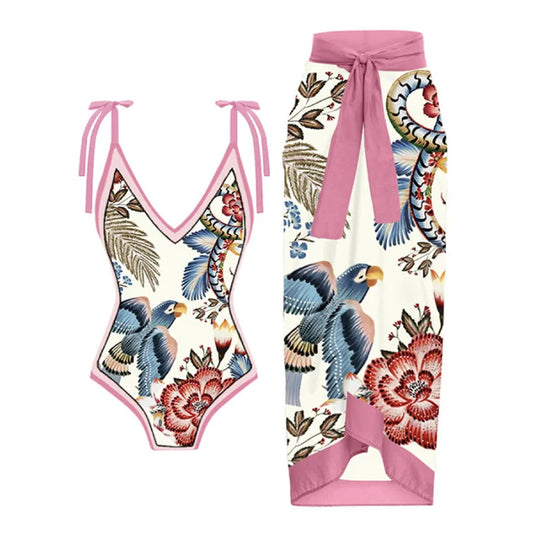 Flower Print Monokini with Beach Skirt Pink