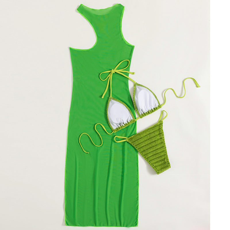 Green Cover Up Three Piece Bikini Set