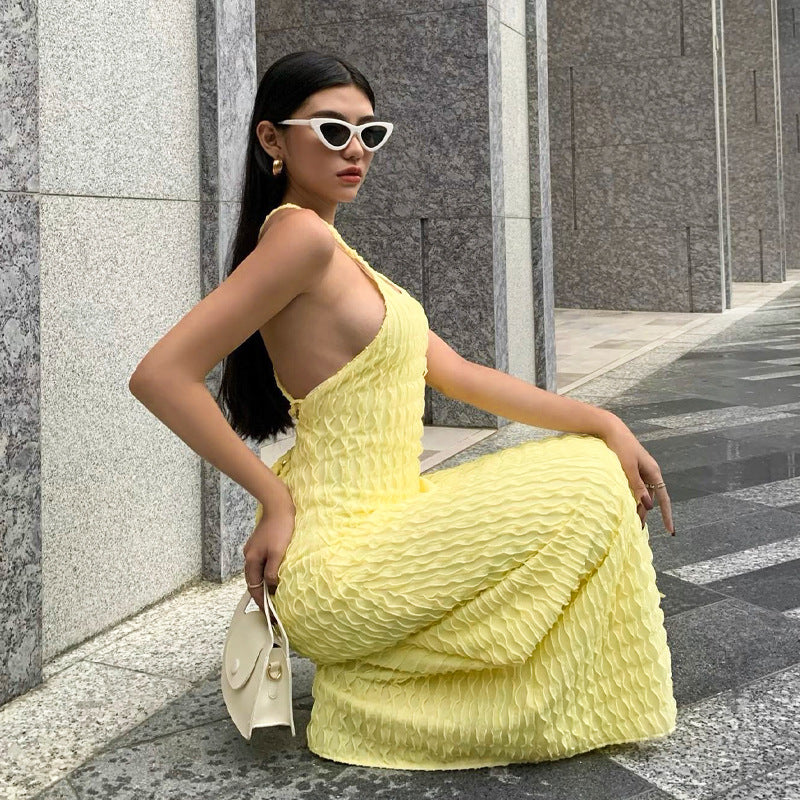 Yellow Puffed Spaghetti Shoulder Dress