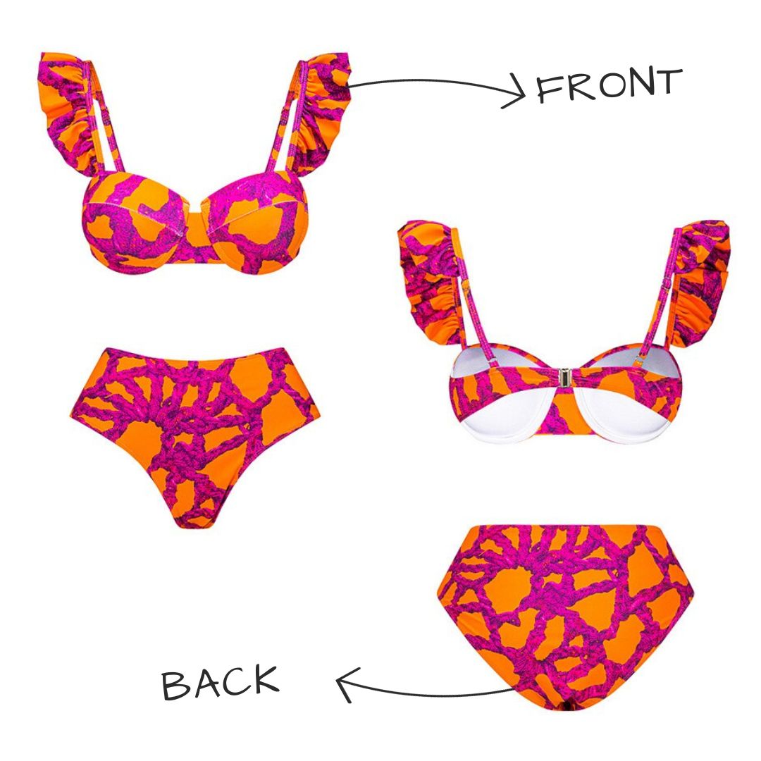 Pink Orange Mini Ruffled Printed Bikini Swimsuit and Skirt