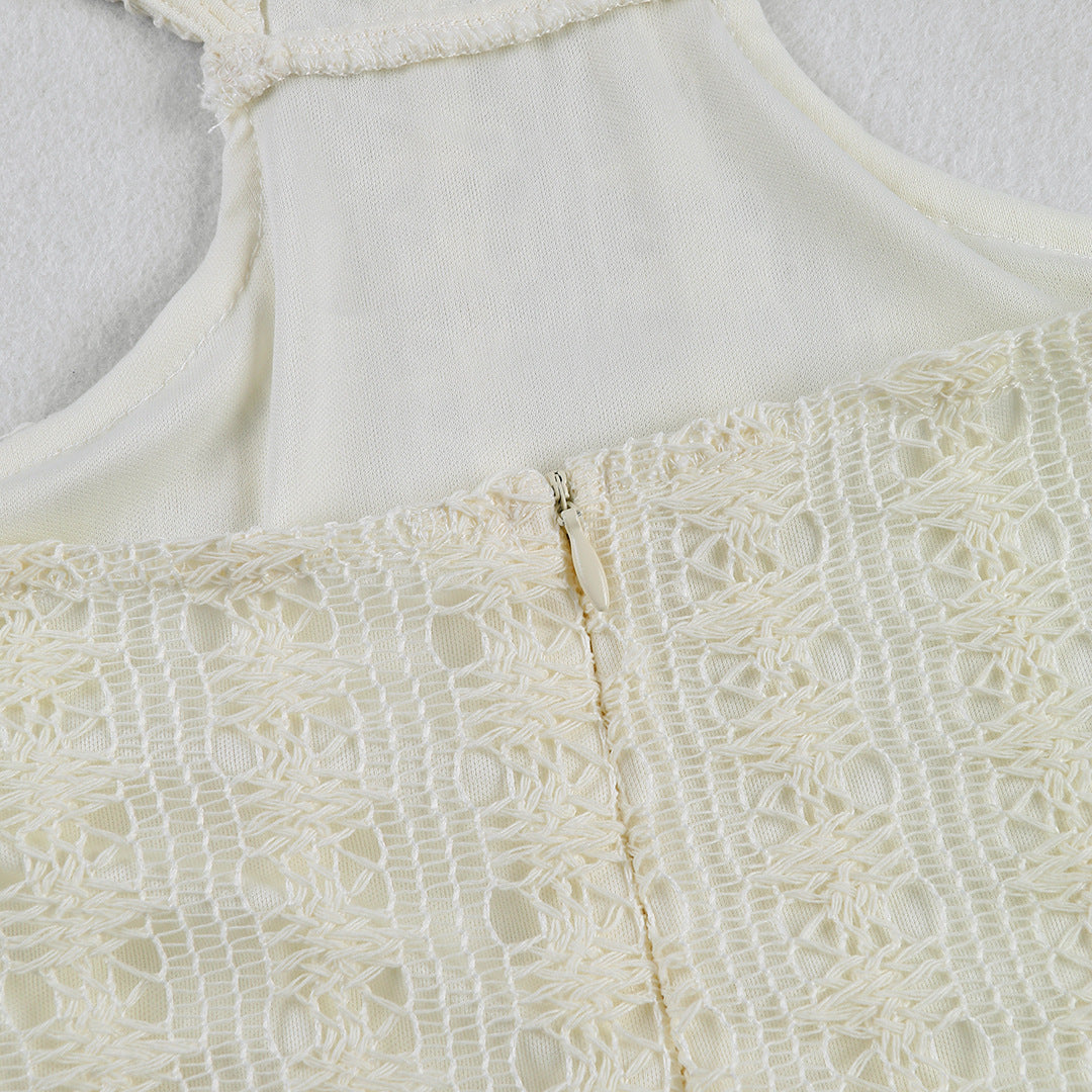 White cutout mini dress with a high collar,open-knit detailing