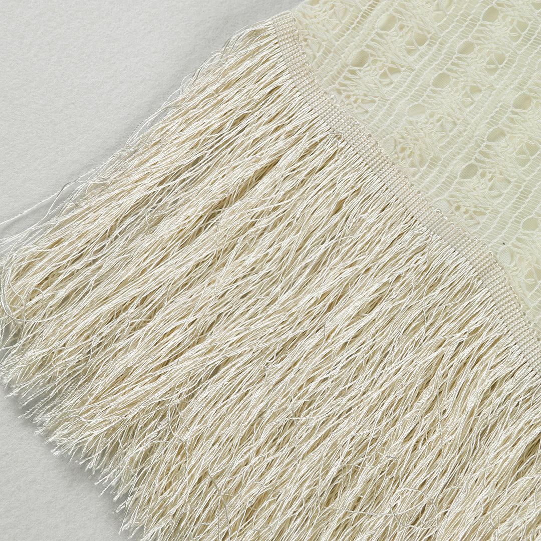 White cutout mini dress with a high collar,open-knit detailing