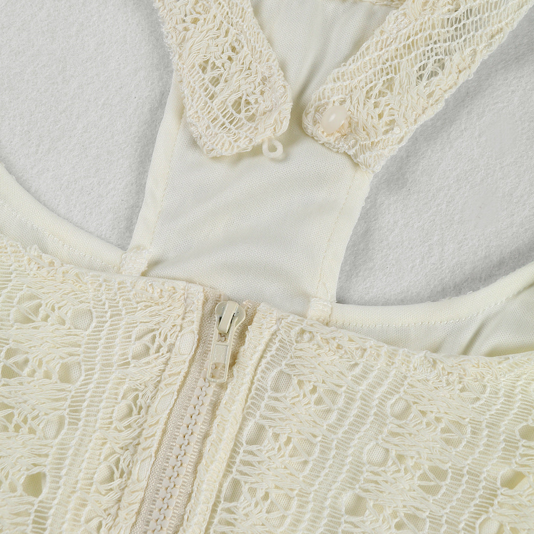 White cutout mini dress with a high collar,open-knit detailing