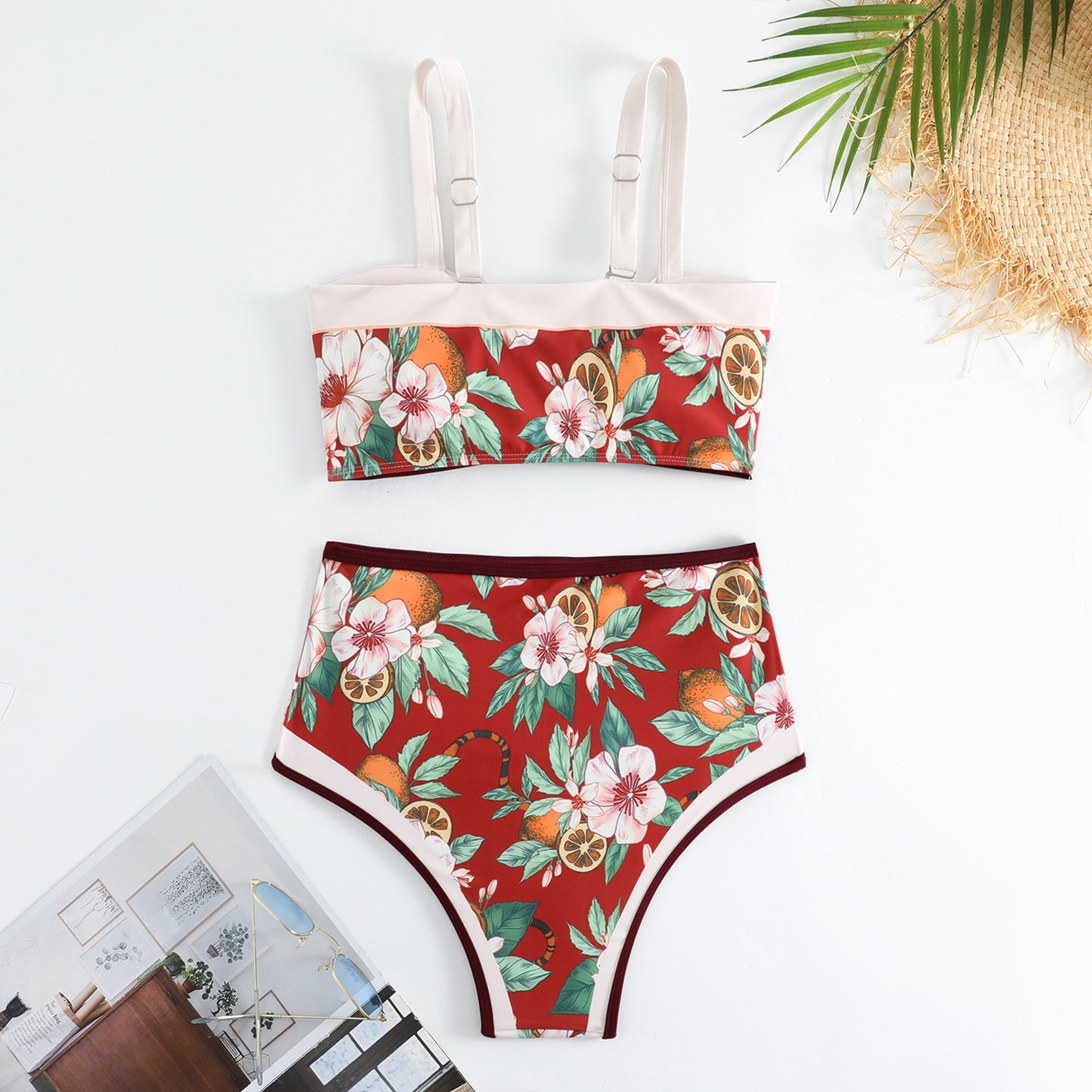 Floral high-waist bikini set with a rust-res base and bold tropical print