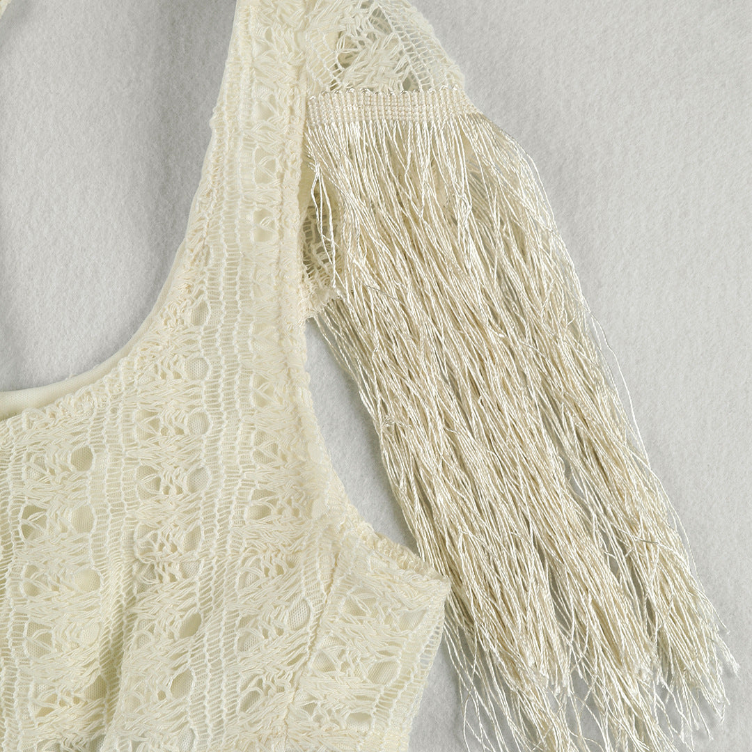 White cutout mini dress with a high collar,open-knit detailing