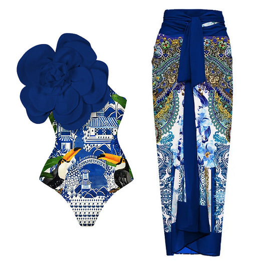 Blue floral print swimsuit set with a matching sarong or wrap skirt.