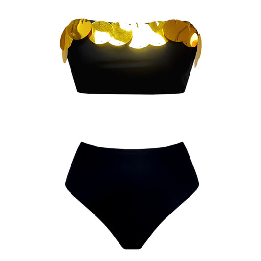 Black bandeau bikini top with a metallic gold stripe and high waisted black bikini bottoms.