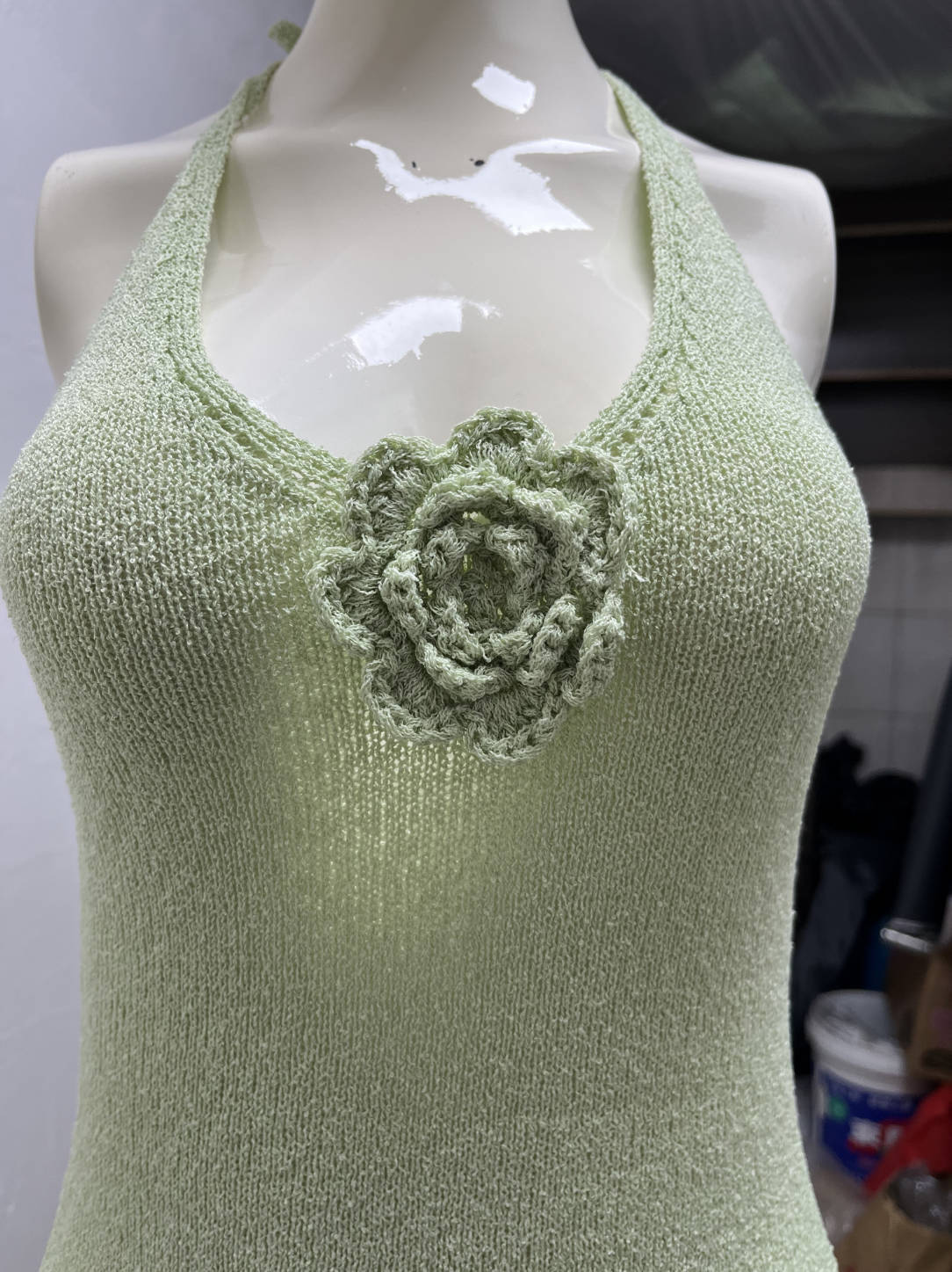 Light green halter maxi dress with a thigh-high slit