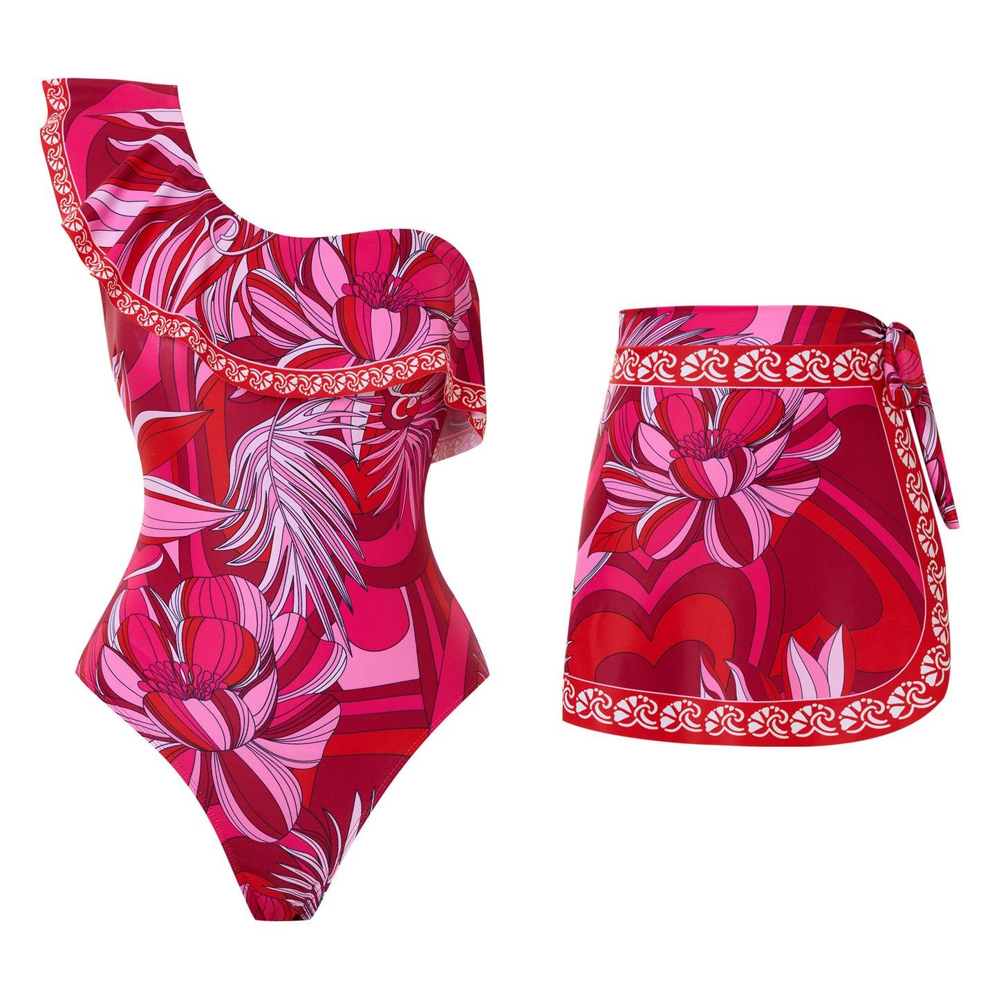 Red one-piece swimsuit with a single ruffled shoulder,paired with a matching short skirt