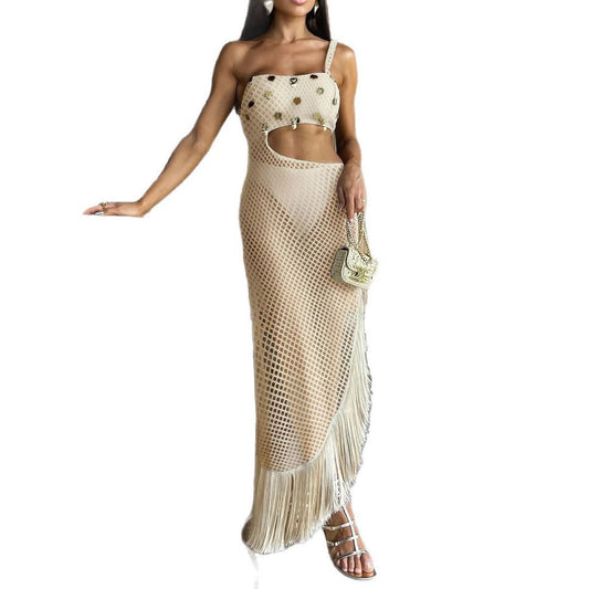 Chic beige crochet co-ord set with a fringed mesh skirt and embellished