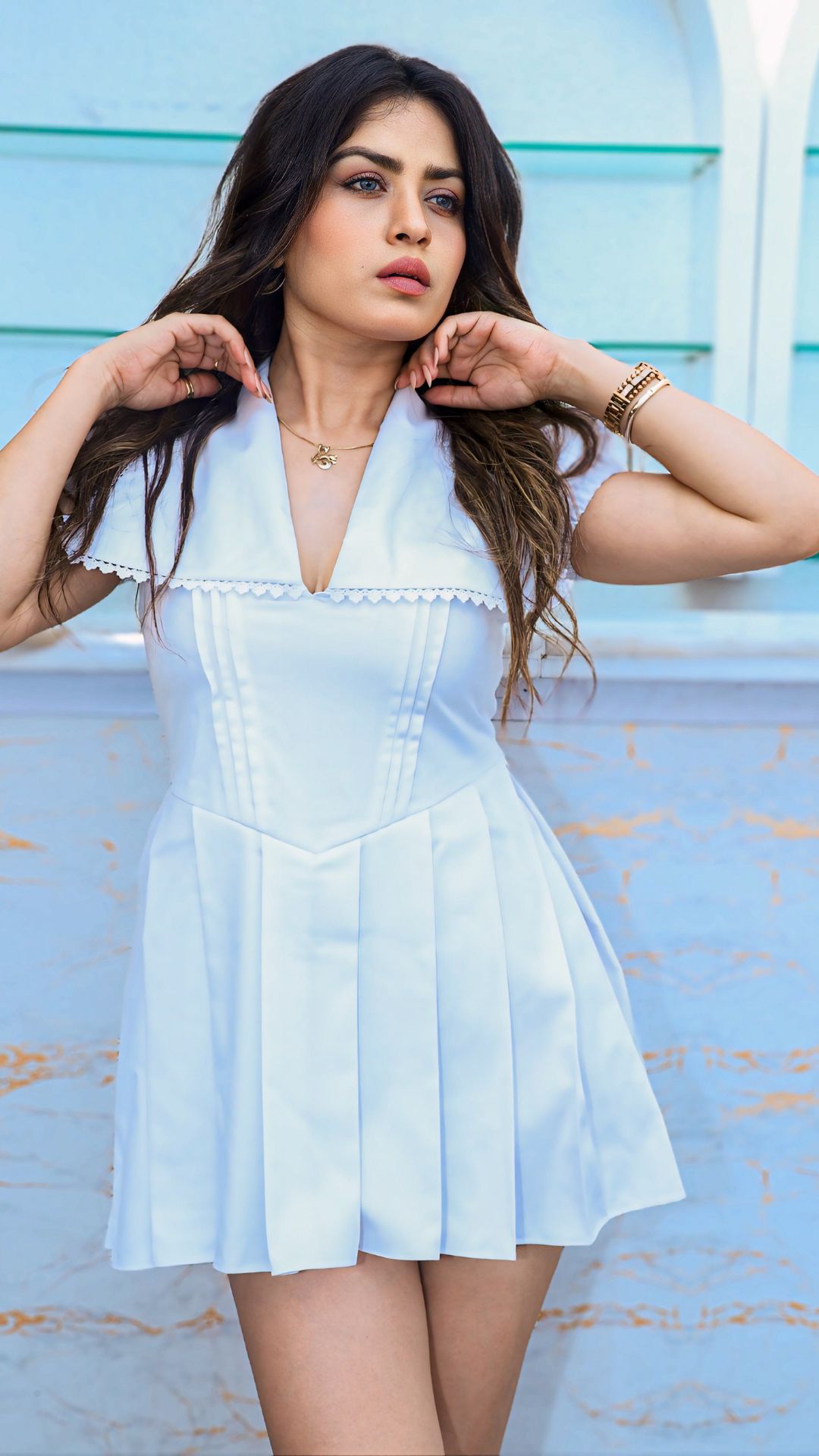 WHITE MINI DRESS with COLLAR and BOW