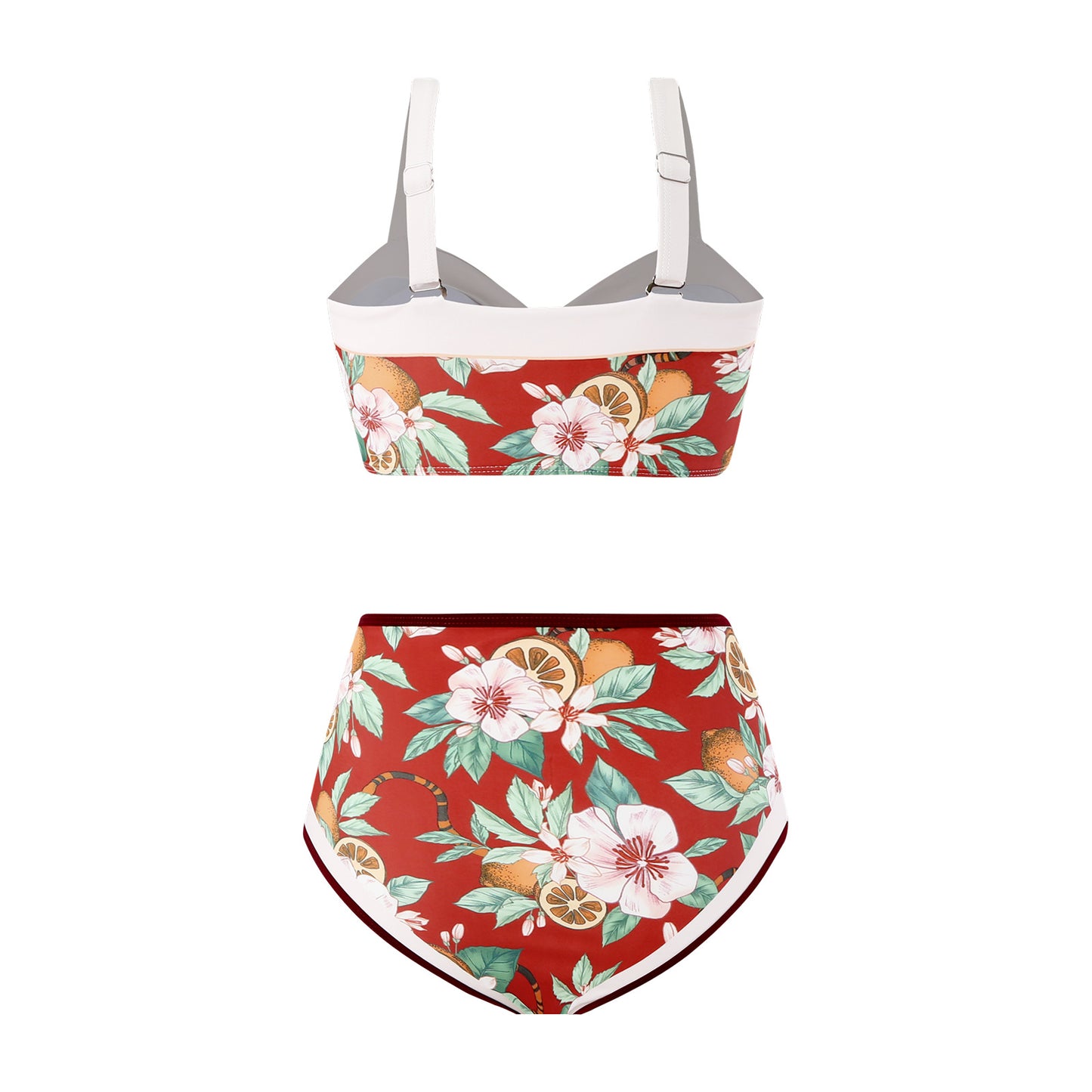 Floral high-waist bikini set with a rust-res base and bold tropical print
