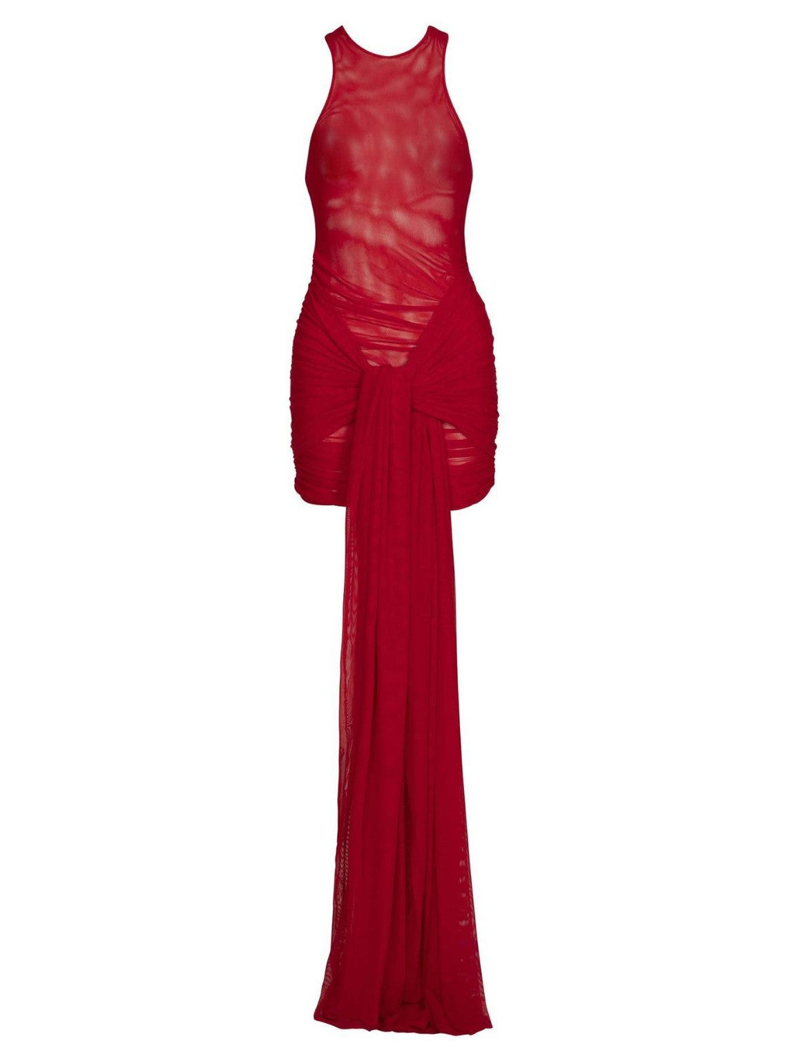 Bold and stunning sleeveless red bodycon dress with a high slit, perfect for evening glamour