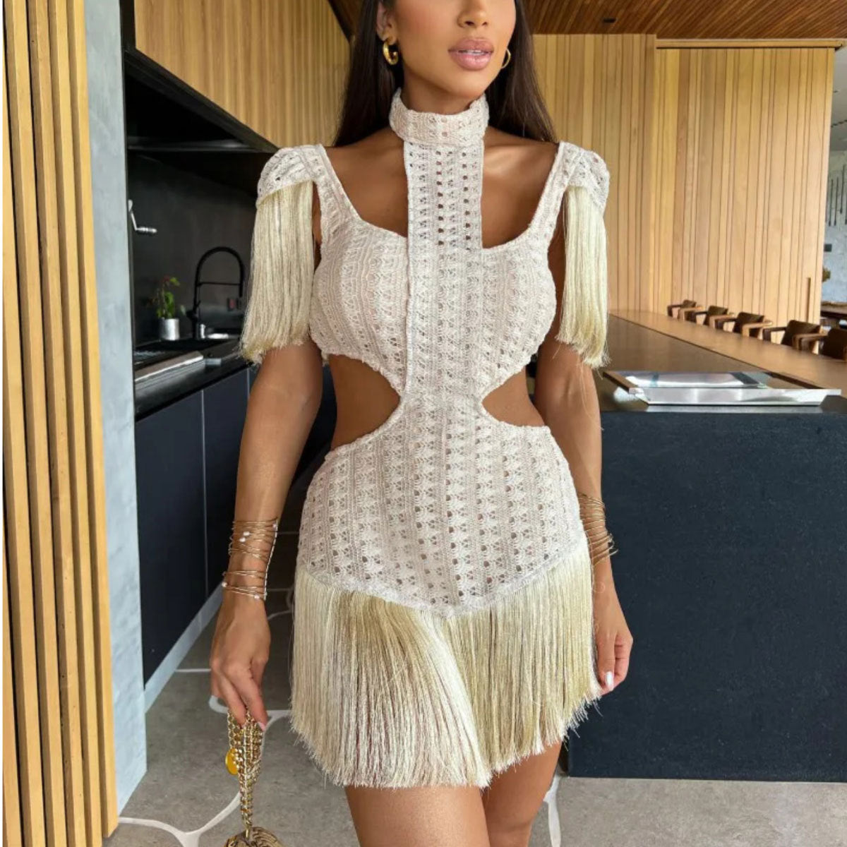 White cutout mini dress with a high collar,open-knit detailing