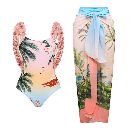 A two-piece ruffled bikini with a palm tree print is paired with a matching sarong