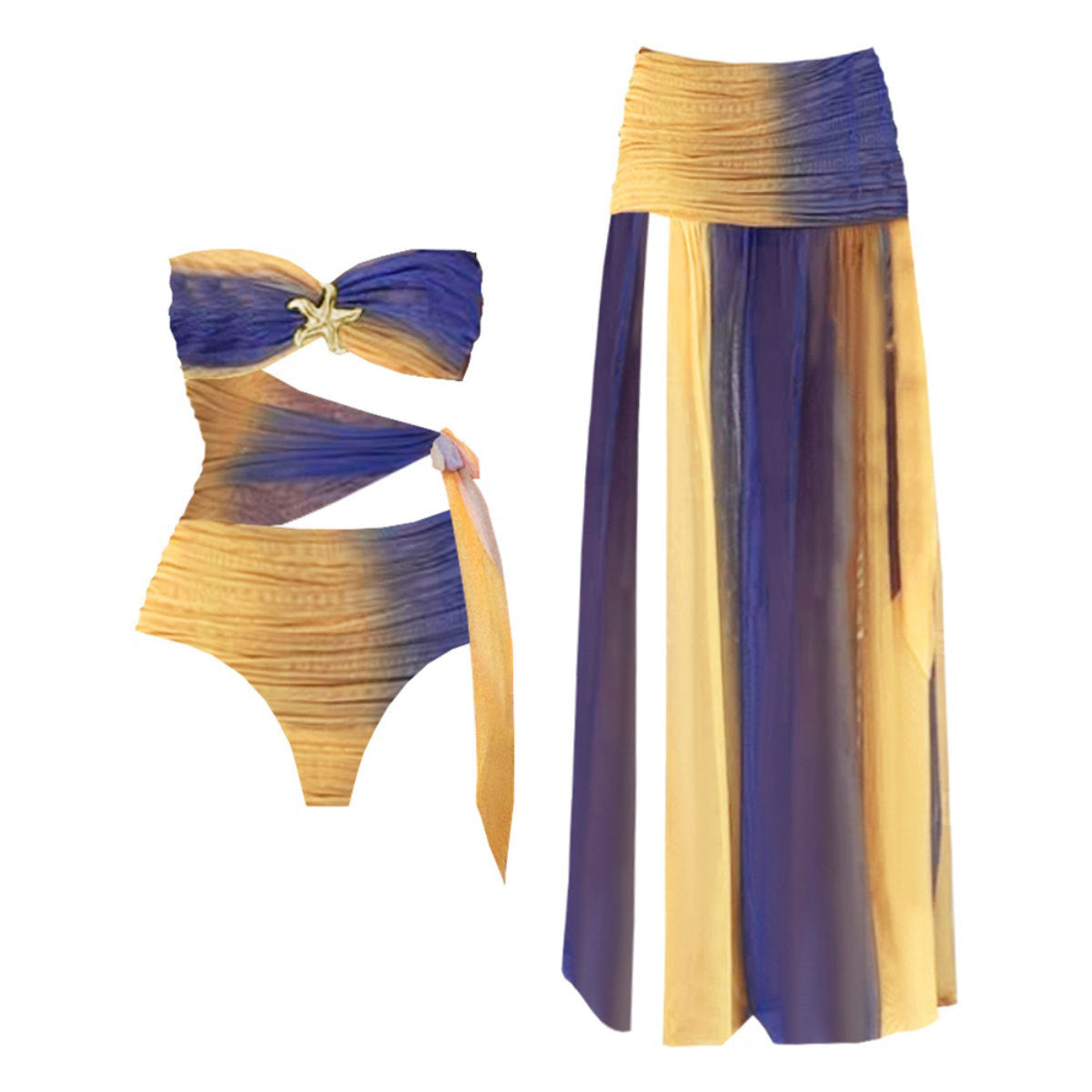 Colorful ombre dress with a halter neckline, a cutout midsection,and a high slit.