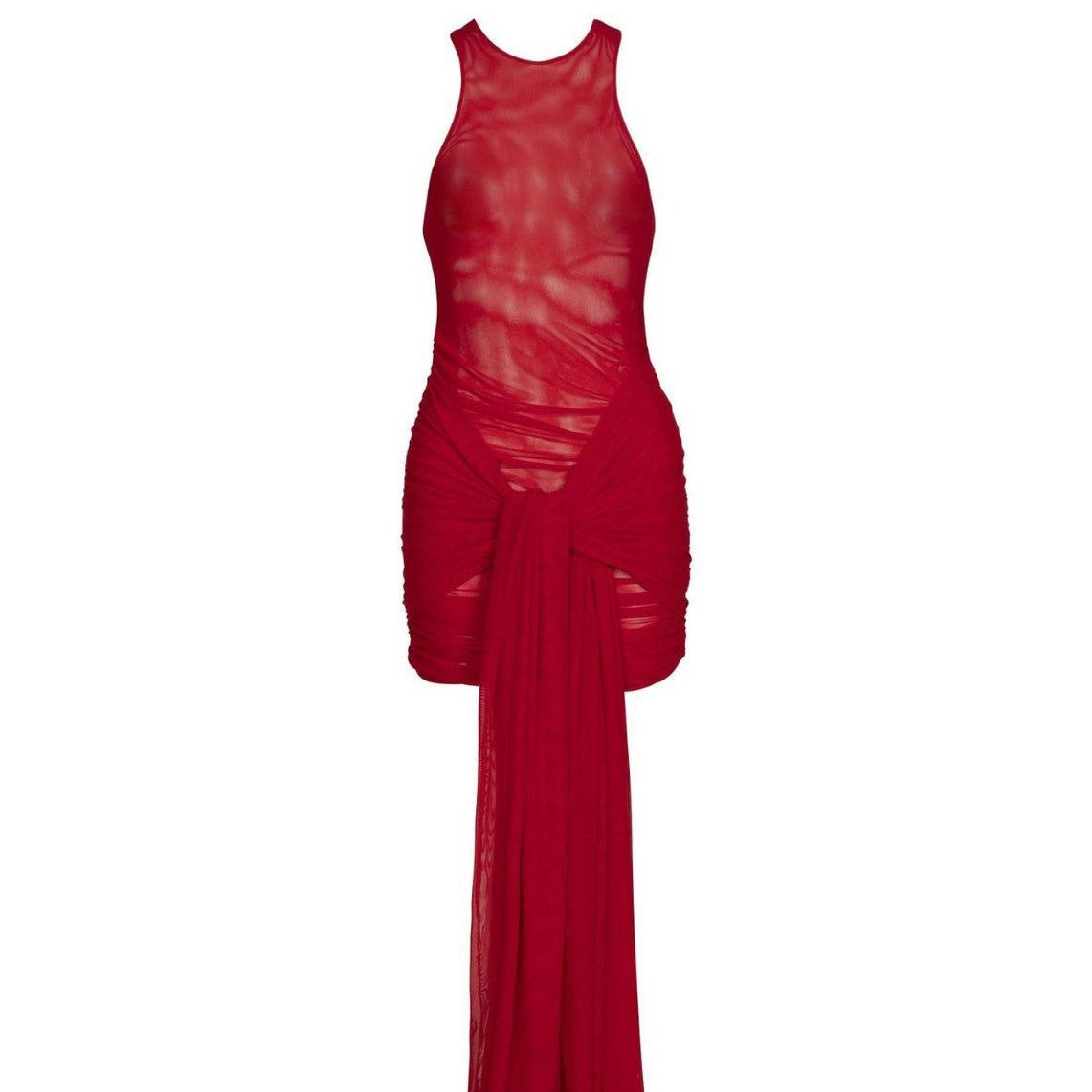 Bold and stunning sleeveless red bodycon dress with a high slit, perfect for evening glamour