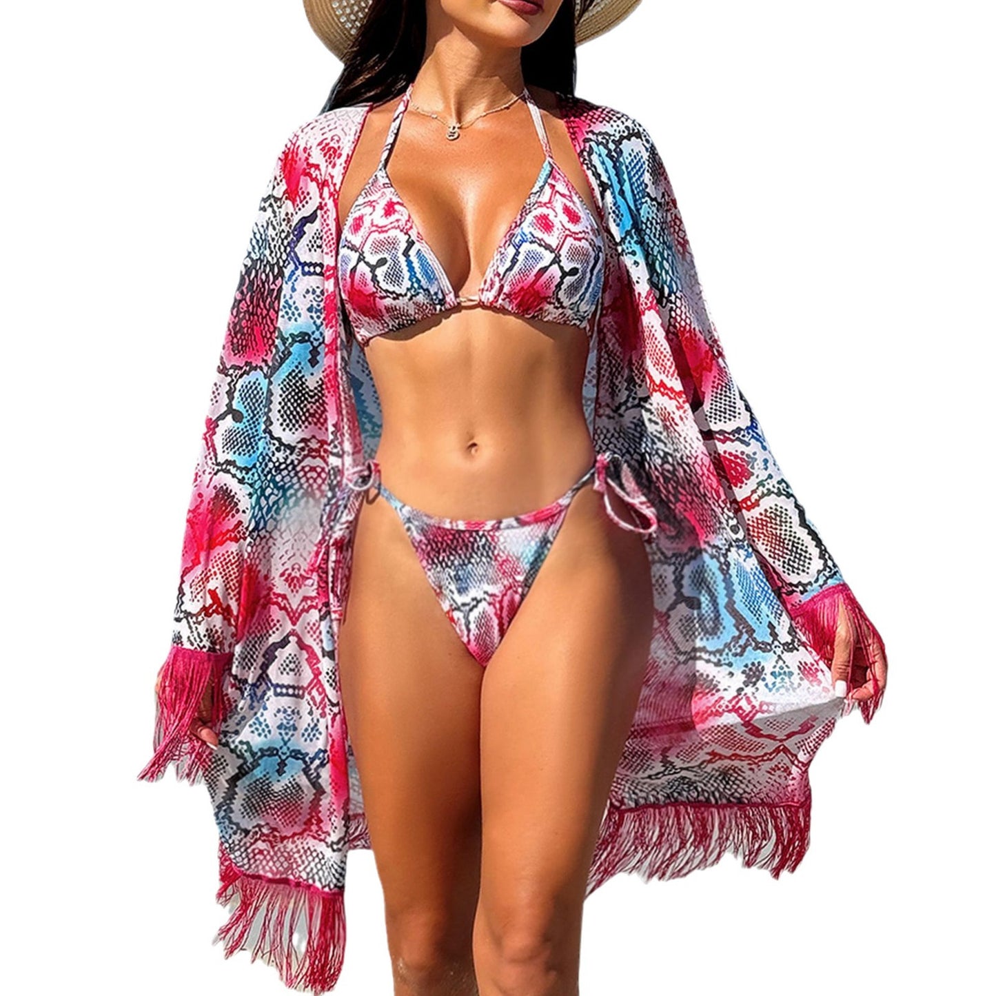 Patterned bikini with a matching kimono-style cover-up.