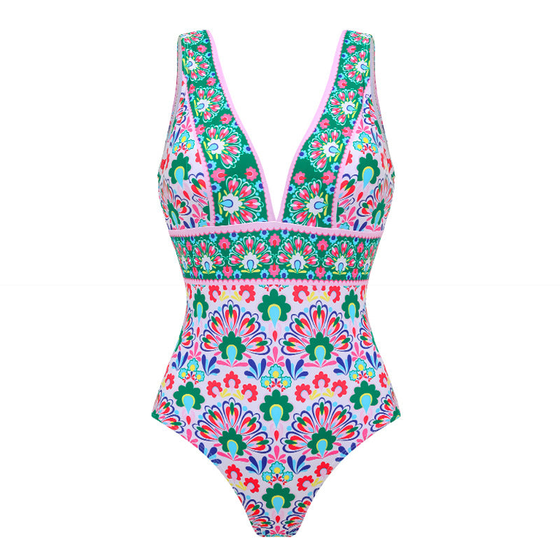 Boden porto v-neck tile print swimsuit with a matching wrap style skirt.
