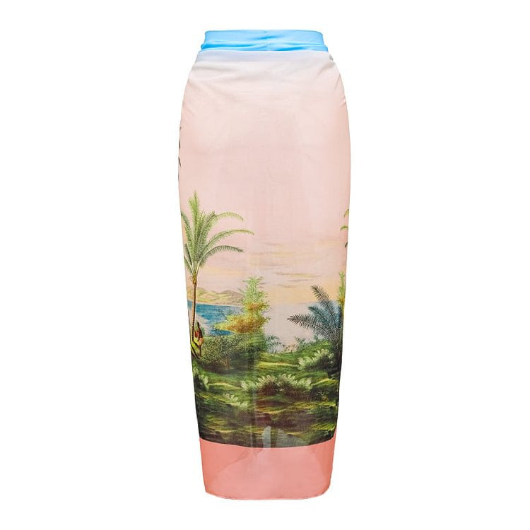 A two-piece ruffled bikini with a palm tree print is paired with a matching sarong