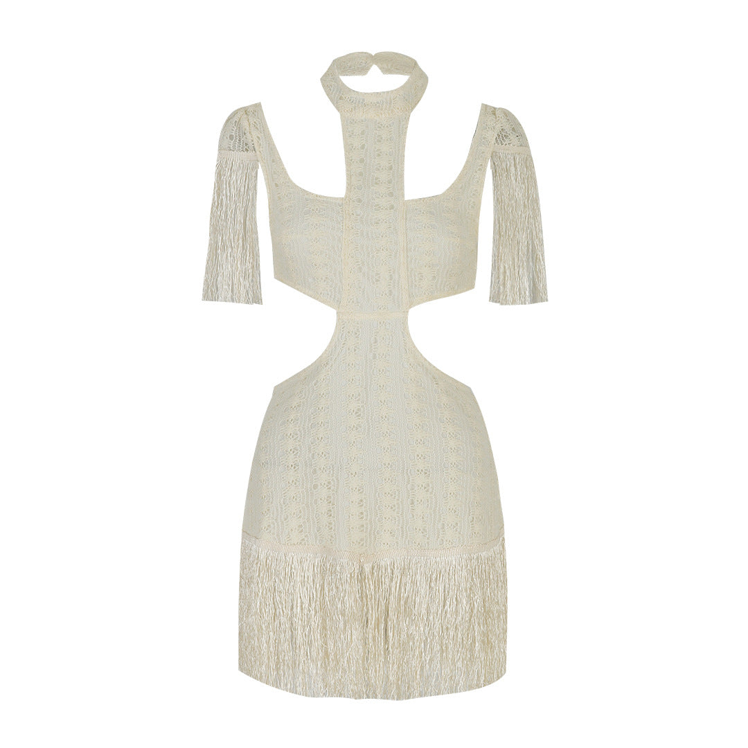 White cutout mini dress with a high collar,open-knit detailing