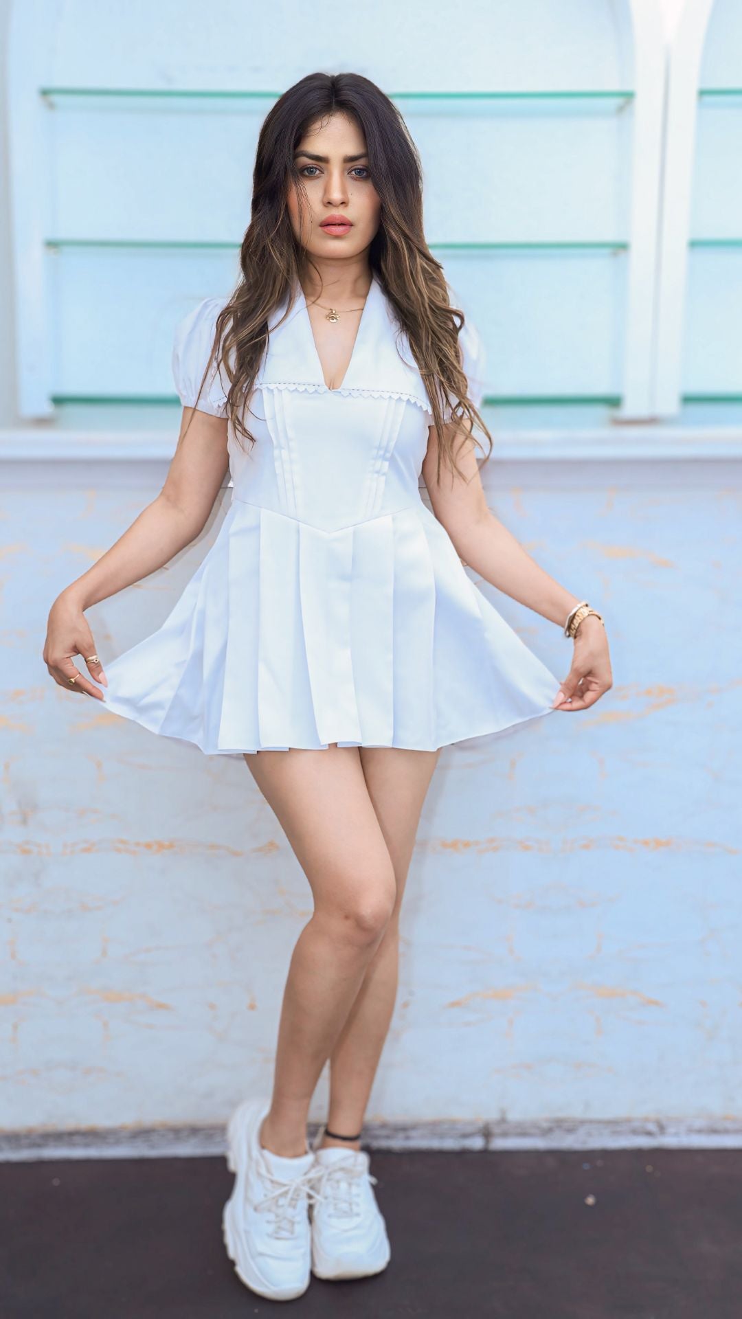 WHITE MINI DRESS with COLLAR and BOW