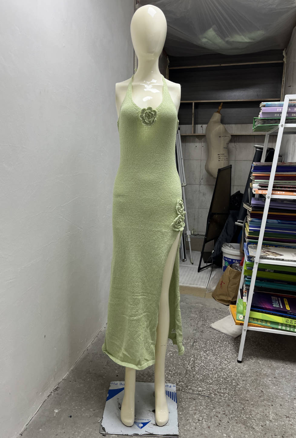 Light green halter maxi dress with a thigh-high slit