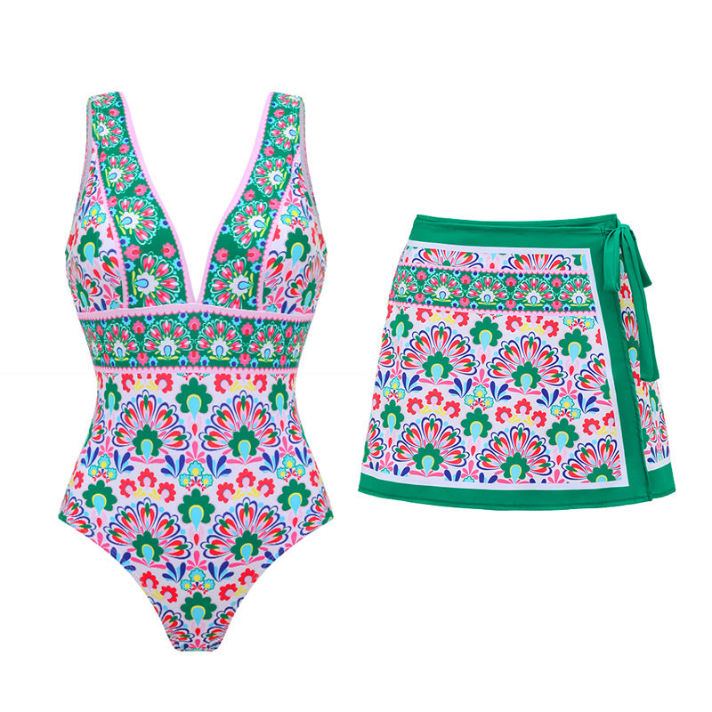 Boden porto v-neck tile print swimsuit with a matching wrap style skirt.