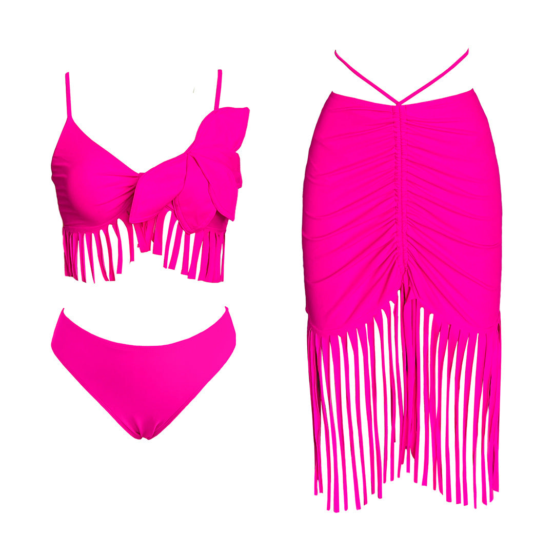 Neon pink lotus fringe three piece bikini set