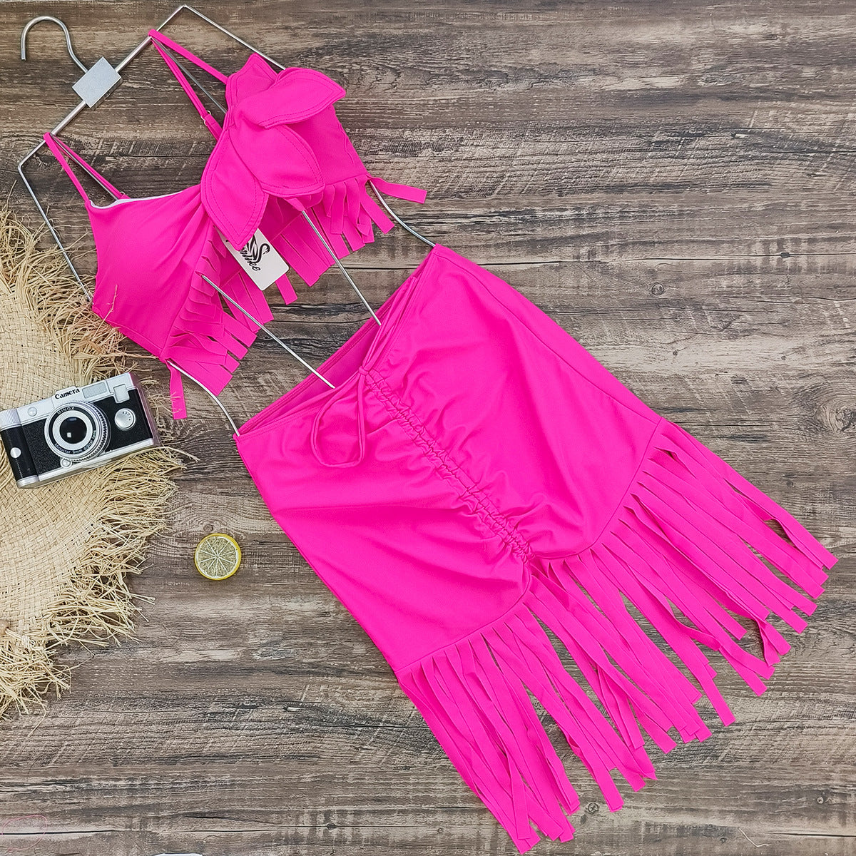 Neon pink lotus fringe three piece bikini set