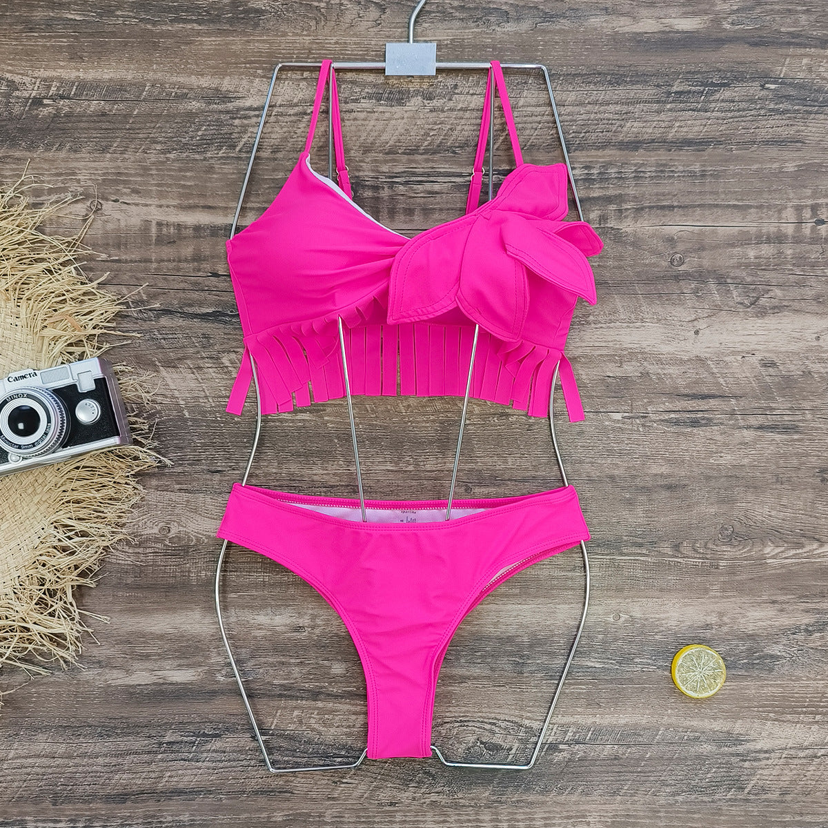 Neon pink lotus fringe three piece bikini set