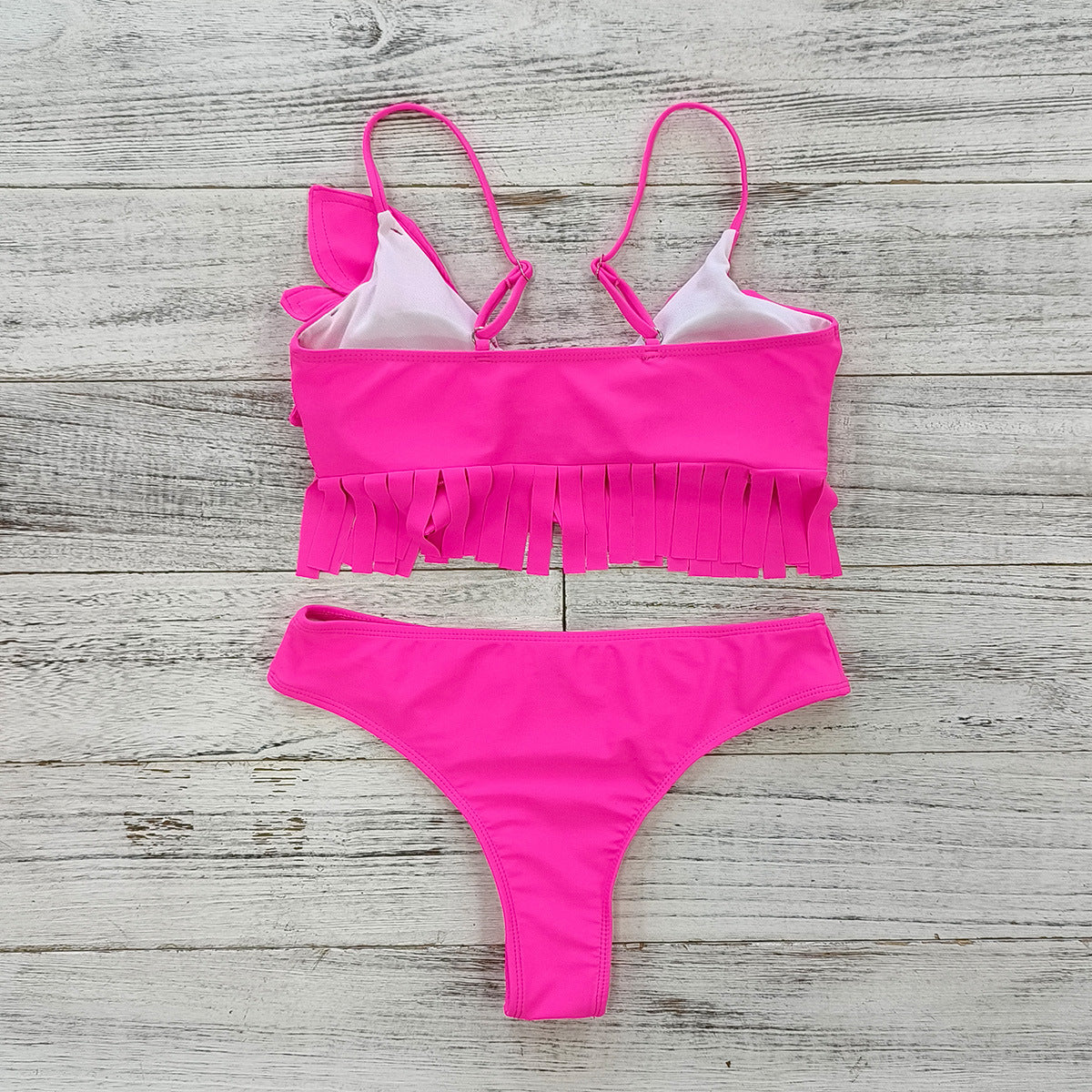 Neon pink lotus fringe three piece bikini set