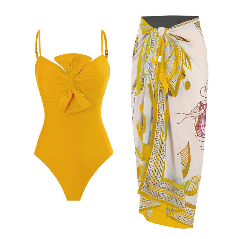 Yellow flower swimsuit with sarong