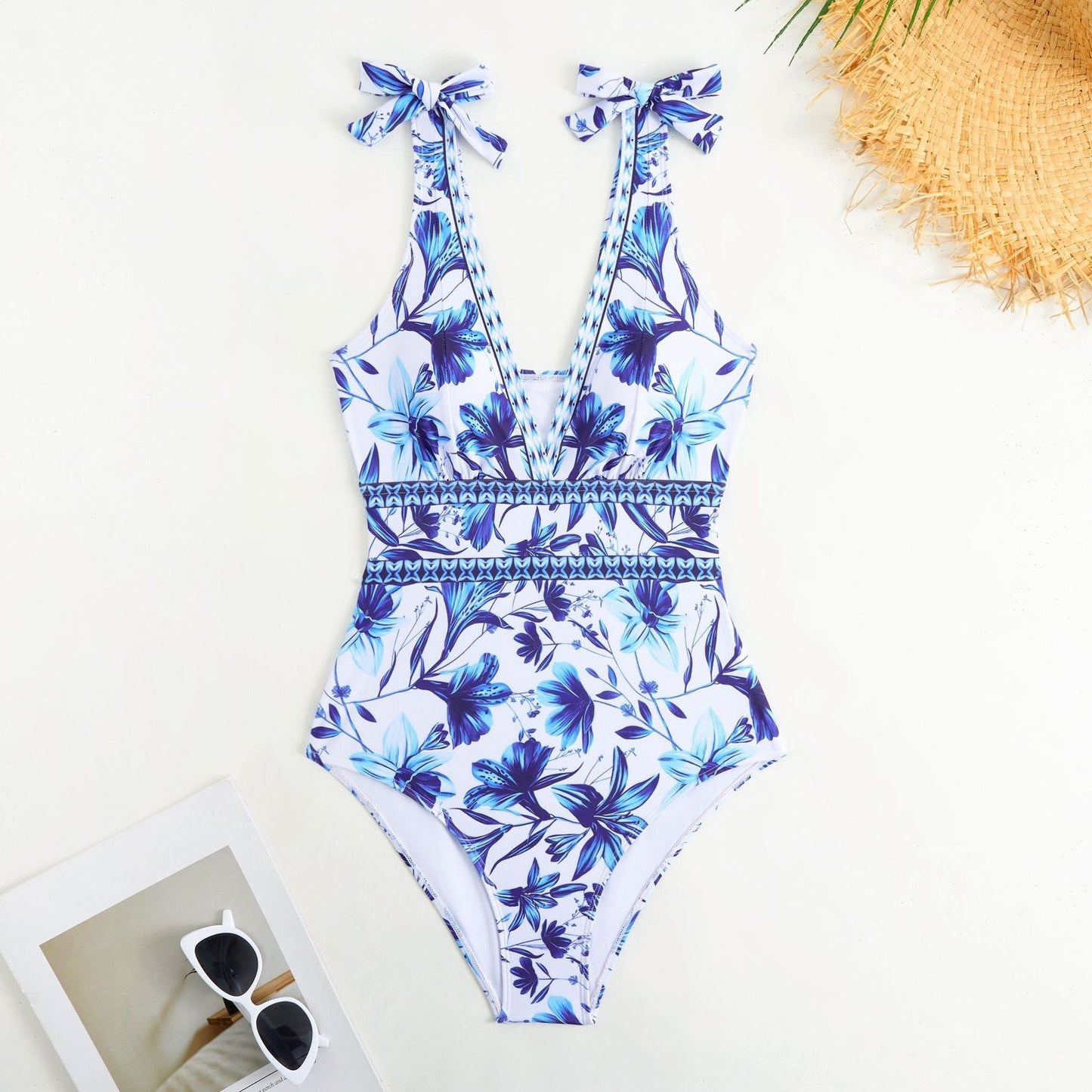 V-neck,blue floral print,swimsuit with a high-wasted sheer skirt