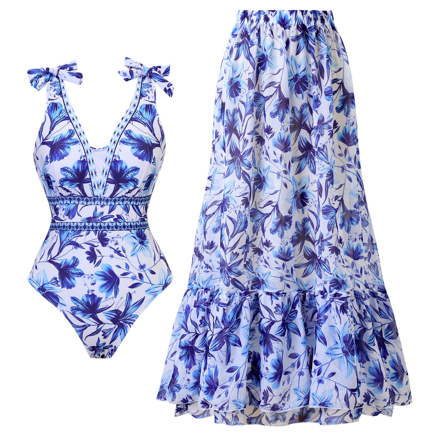 V-neck,blue floral print,swimsuit with a high-wasted sheer skirt