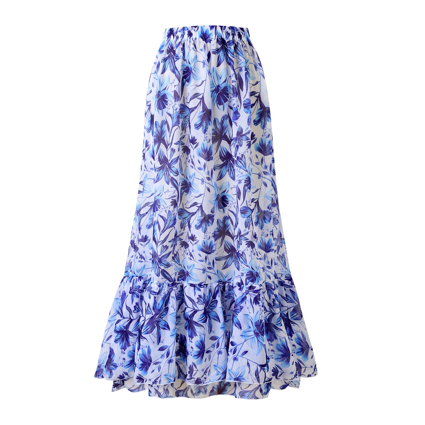 V-neck,blue floral print,swimsuit with a high-wasted sheer skirt